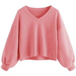 Jaycosin Vrouwen Solid Casual V-hals Lantaarn Mouw Sweatshirt Casual Cool Chic Look Hooded Trui Tops Blouse