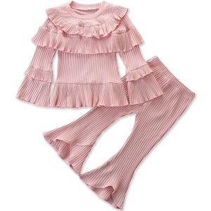 Pasgeboren Baby Meisjes Winter Outfits zoete roze pak lange mouw Ruche tee Tops bell bottom Broek Uitlopende broek Kleding Set