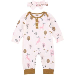 2 Pcs Baby Meisjes Jongens Katoen Cartoon Elanden Pak Licht Roze Lange Mouw Losse Jumpsuit Knop Decoratie Leuke Bow Hoofdband 0-12M