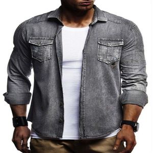 Lente Herfst Denim Lange Mouw Mannen Gewassen Retro Slim Fit Jean Tops 100% Katoen Casual Straat cowboy Shirts
