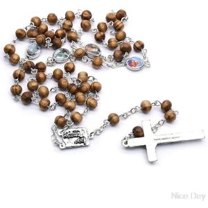 Handgemaakte Ronde Hout Rozenkrans Kralen Kruis Religieuze Jesus Ketting Christian Charms My08 20