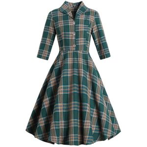 Tonval Turn-Down Kraag Button Up Groene Plaid Herfst Kleding Vrouwen Jurken Vintage Gewaad Elegante Swing Jurk Retro