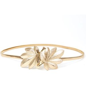 Vrouwen Skinny Tailleband Maple Leaf Vorm Metalen Gesp Glitter Effen Kleur Elastische Trouwjurk Taille Riem Goud/Zilver