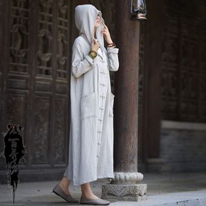 Katoen Linnen Chinese Stijl Tang Pak Hanfu Gewaad Retro Hooded Qipao Lange Jas Vrouwen Mannen Mantel Cape Kung Fu Jassen gown Bovenkleding