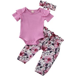 3 Pcs Pasgeboren Kid Baby Meisje Kleding Sets Paars Romper Jumpsuit Tops Bloemen Broek Leggings Outfit Set