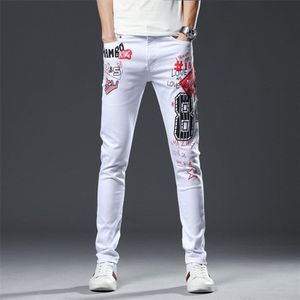 Lente Jeans Mannen 100% Katoen Brief Printing Fit Slanke Potlood Broek Ripped Klassieke Witte Jeans Mannen #209