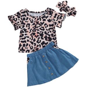 Peuter Baby Meisjes Zomer Kleding Set Ronde Hals Korte Mouwen Leopard T-shirt + Denim Knop Rok + Hoofdband 3Pcs outfit