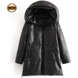 Fandy Lokar Winter Hooded Parka Vrouwen Mode Rits Lange Jassen Vrouwen Elegante Losse Pu Leer Katoen Jassen Vrouwelijke Dames Iq