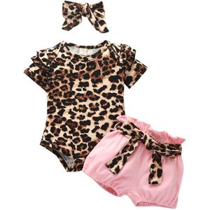 3 Stuks Pasgeboren Baby Baby Meisje Kleding Ruche Zonnebloem Luipaard Romper Top Shorts Hoofdband Zomer Outfit Set