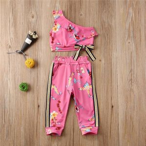 Trend Kinderen Pak Meisjes Bloemenprint Een Schouder Mouwloos T-shirt Broek Zomer Pakken Casual Sportswear Outfits