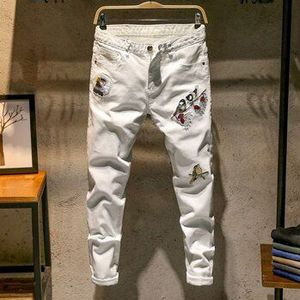 Mannen Slim Witte Vogel Geborduurde Hip Hop Jeans Slim Skinny Casual Mens Stretch Denim Jeans Joggers Broek 28 - 38