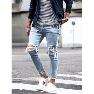 Mannen Streetwear Knie Ripped Skinny Jeans Hip Hop Mode Vernietigd Hole Effen Kleur Mannelijke Stretch Denim Broek