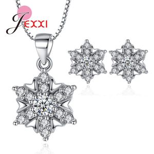 100% 925 Sterling Zilveren Sieraden Set Snowflake Cubic Zirkoon Hanger Ketting Stud Oorbellen Voor Vrouwen Dames Bruiloft Engagement