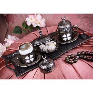 Turkse Koffie Set Arabische Poef Griekse Authentieke Product Met Historische Patroon Espresso Serveren Copper & Silver