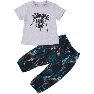 2 Stuks Kinderen Baby Boy Kleding Kokospalm Print Korte Mouw T-shirt + Bladeren Lange Broek Strand Zomer Outfits set