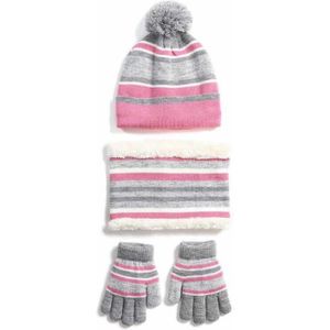 Kinderen Winter Gebreide 3Pcs Pompom Gestreepte Beanie Hat Pluche Gevoerd Sjaal Handschoenen Set