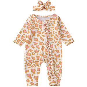 Pasgeboren Baby Meisje Lange Mouw Jumpsuit Herfst Mode Luipaard Kant Een Stuk Lange Broek Hoofdband Lente Herfst Kleding