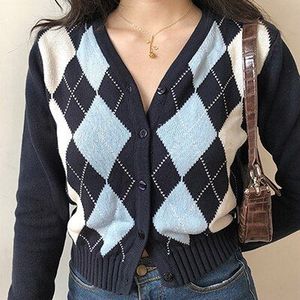 Vintage V-hals Plaid Lange Mouwen Vrouwen Trui Herfst Winter Korte Gebreide Vest Truien Womes Engeland Stijl Tops