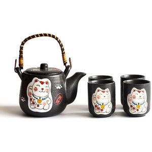 5Pcs Lucky Cat Keramische Thee Pot Mokken Kit Met Zeef Woondecoratie Japanse Keramische Teatool Stijl Wineware set