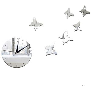 Home decoratie accessoires 3D stereo vlinder decoratieve spiegel muurstickers decoratieve spiegel klok zilver