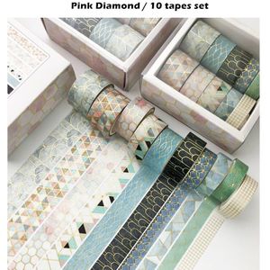 10Pcs Gold Washi Tape Set Blauw Rooster Roze Diamant Ster Bloem Blad Bronzing Masking Tapes Stickers Decoratie Zelfklevend F742