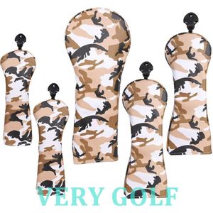 Golf Club Driver Fairway Wood Hybrid Head Cover Soft Polyester Leer Met Gele Camouflage Driver Fw Hybrid Headcover