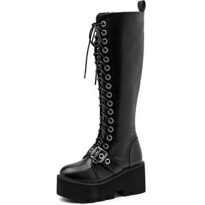 Gdgydh Fall Lace Up Vrouwen Platform Laarzen Gothic Knie Hoge Zwart Lederen Up Mode Weken Stijl Nachtclub Schoenen Dikke hakken