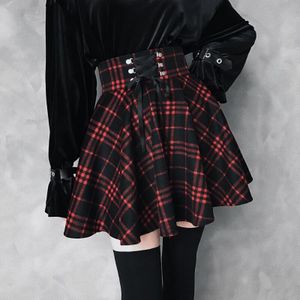 Gothic Punk Harajuku Vrouwen Rok Lente Toevallige Rode Plaid Geplooide Wollen Vrouwelijke Mode Lace Up Rokken