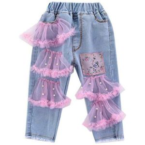 Lente Herfst Baby Meisjes Ripped Jeans Kinderen Kids Gebroken Gat Broek Witte Kleur Meisjes Elastische Taille Denim Kant Prinses Broek