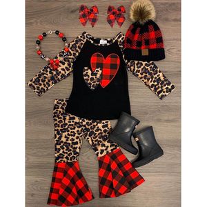 Focusnorm Valentijnsdag Baby Kids Meisjes Kleding Sets Liefde Luipaard Plaid Print Lange Mouwen Trui Tops Flare Broek 1-6Y