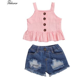 2 Stuks Kinderen Pak Set Effen Kleur Mouwloze Top En Ripped Jeans Voor 6M-4T Meisjes Roze