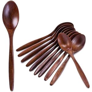 Houten Lepels, 10 Stuks Hout Soep Lepel Set, lange Handvat Natuurlijke Houten Tafel Lepels Voor Eten Mengen Roeren Koken-7.3 Inches