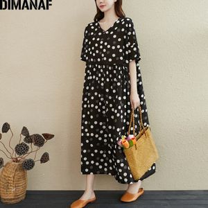 Dimanaf Zomer Plus Size Jurk Vrouwen Kleding Zonnejurk Losse Casual Vintage Katoen Linnen Dot Print Zwart Lady Vestidos