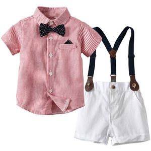 Baby Jongen Gentleman Kleding Set Zomer Pak Voor Peuter Gestreepte Shirt Met Strikje + Bretels Wit Shorts Formele Jongens kleding