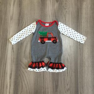 Girlymax Winter Kerst Katoenen Baby Meisjes Peuter Grijs Truck Boom Plaid Kleding Baby Romper Tutu Katoen Lange Mouwen Ruches