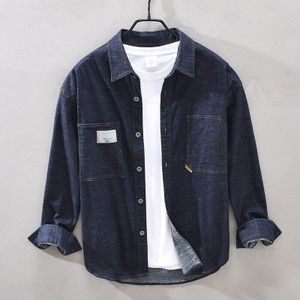 Lente Herfst Mode Mannen Vintage Effen Kleur Lange Mouwen Katoenen Denim Shirt Mannelijke Business Casual Japan Stijl Retro Slim Fit top