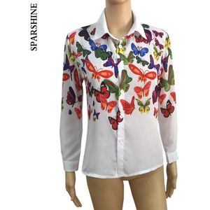 Vrouwen Vlinder Bloemenprint Blouses Chiffon Shirts Vrouwen Vintage Turn-Down Kraag Tops Dames Werk Lange Mouw blouse