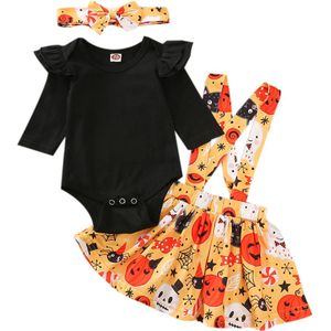 Pasgeboren Baby Meisje Halloween 3Pcs Pak Lange Mouw Rompertjes Pompoen Print Jarretel Rokje Hoofdband Festival Kleding Pak 0-18M