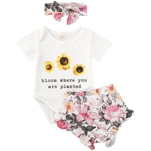 0-24M Pasgeboren Baby Meisjes Jongens Kleding Sets 3 Pcs Bloemen Print Korte Mouw Romper Tops + Shorts hoofdband