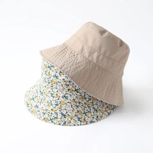 Foux Bucket Women Summer Thin Wear On Both Sides Pure Color Uv Protection Floral Patterns Protect Wind Japanese Style