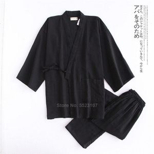 2022 Kimono Pyjama Set Voor Samurai Mannen Katoen Traditionele Japanse Top Broek Pure Kleur Casual Ademend Yukata Nachtkleding
