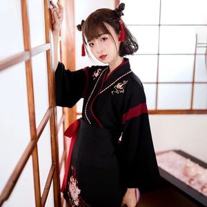 Japanse Jurk Kimono Vrouw Zwart Wit Kat Borduurwerk Rokken Vintage Aziatische Kleding Yukata Haori Cosplay Party 2 Stuks Sets