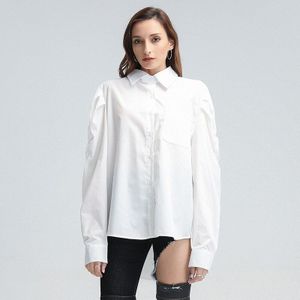 Twotwinstyle Minimalistische Solid Blouse Voor Vrouwen Revers Lange Mouwen Casual Wit Basic Shirt Vrouwelijke Mode Kleding Voorjaar