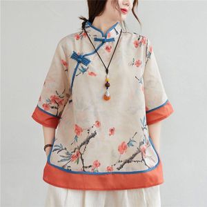 Vrouwen Chinese Stijl Retro Blouse Print Qipao Tops Casual Katoen Linnen Shirt Traditionele Hanfu Elegante Mode Oosterse Kleding