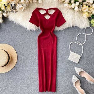 Yuoomuoo Knoop Elegante Dames Office Dress Zomer V-hals Gebreide Werk Jurk Vrouwen Rood Zwart Split Midi Bodycon Jurk vestido