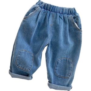 2022 Koreaanse Stijl Voorjaar Kid Jongen Jeans Blauw Pocket Wijde Pijpen Denim Haren Broek Elastische Taille Retro Broek Kind Kleding e127