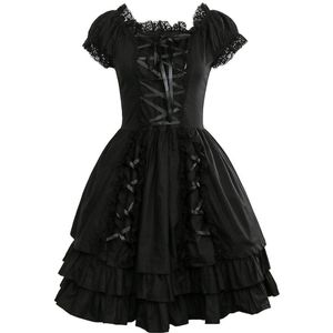 Takerlama Womens Classic Black Gelaagde Lace-Up Katoen Korte Mouwen Gothic Lolita Jurk Punk Kleding Kostuums Jurk