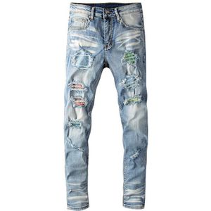 Mannen Kristal Ripped Slim Skinny Jeans Streetwear Trendy Gaten Vernietigd Lichtblauw Denim Broek