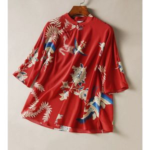Vintage Chinese Traditionele Shirts Voor Vrouw Bloemen Crane Print Rode Cheongsam Tops Chiffon Stand Kraag