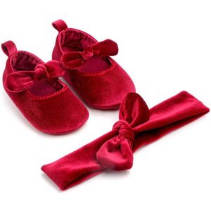 Pasgeboren Baby Leuke Baby Schoenen Meisje Comfort Babyschoenen Goud Fluweel Zachte Zool Prinses Strik Crib Schoenen Met Haarband 0-18M